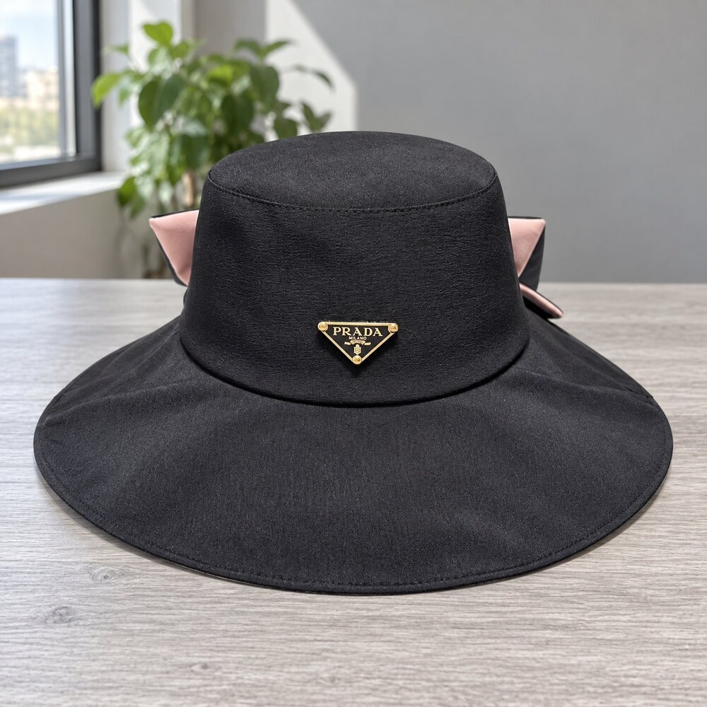 Prada Black Wide Brim Hat with Bow